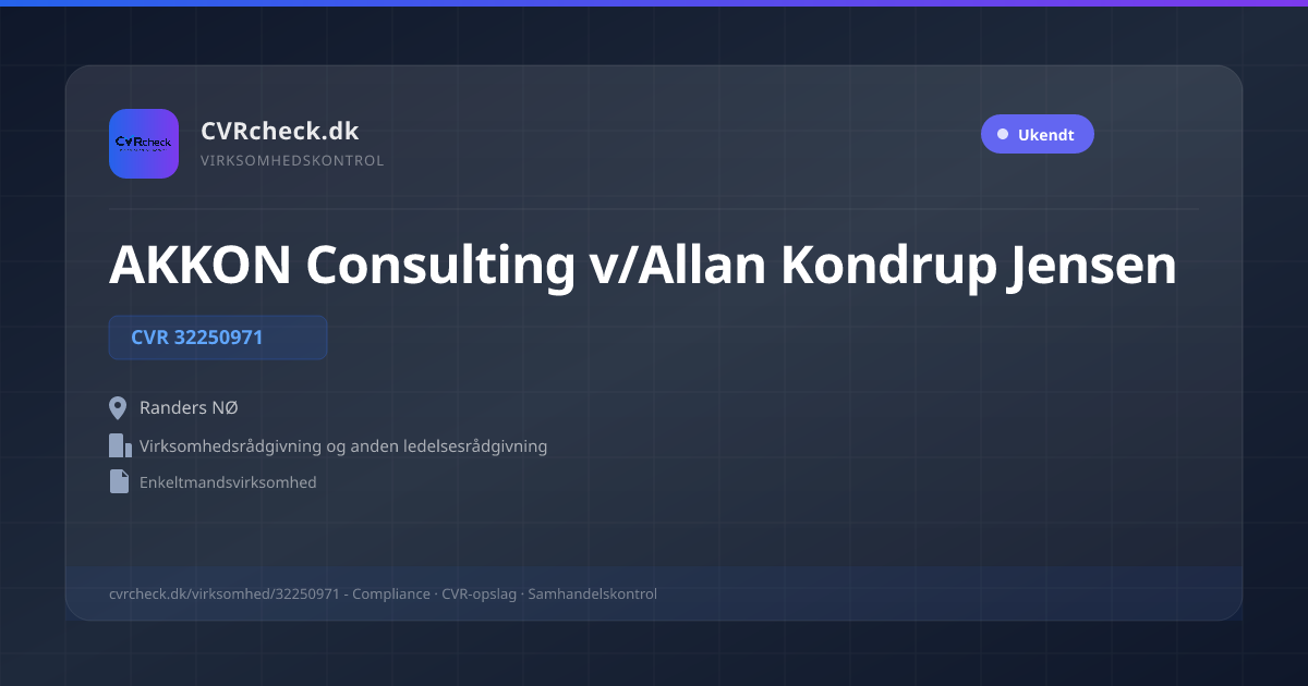 Visitkort: AKKON Consulting v/Allan Kondrup Jensen, CVR 32250971, Virksomhedsrådgivning og anden ledelsesrådgivning, Randers NØ