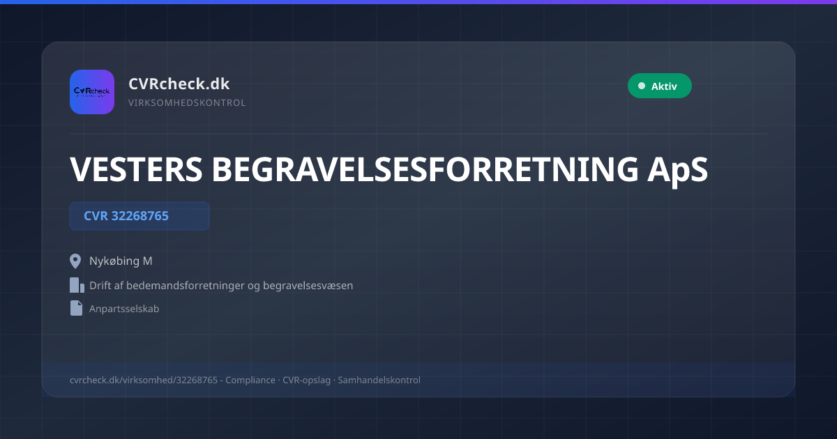 Visitkort: VESTERS BEGRAVELSESFORRETNING ApS, CVR 32268765, Drift af bedemandsforretninger og begravelsesvæsen, Nykøbing M, NORMAL