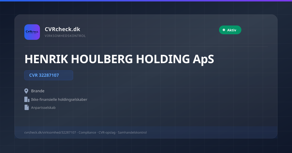 Visitkort: HENRIK HOULBERG HOLDING ApS, CVR 32287107, Ikke-finansielle holdingselskaber, Brande, NORMAL