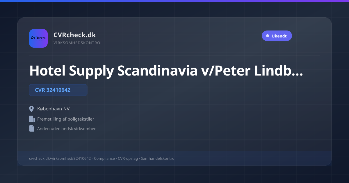 Visitkort: Hotel Supply Scandinavia v/Peter Lindblad, CVR 32410642, Fremstilling af boligtekstiler, København NV