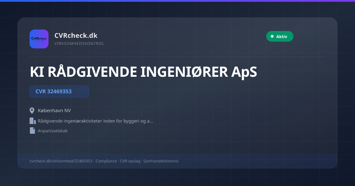 Visitkort: KI RÅDGIVENDE INGENIØRER ApS, CVR 32469353, Rådgivende ingeniøraktiviteter inden for byggeri og anlægsarbejder, København NV, NORMAL