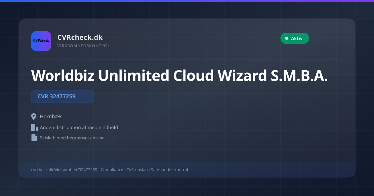Visitkort: Worldbiz Unlimited Cloud Wizard S.M.B.A., CVR 32477259, Anden distribution af medieindhold, Hornbæk, NORMAL
