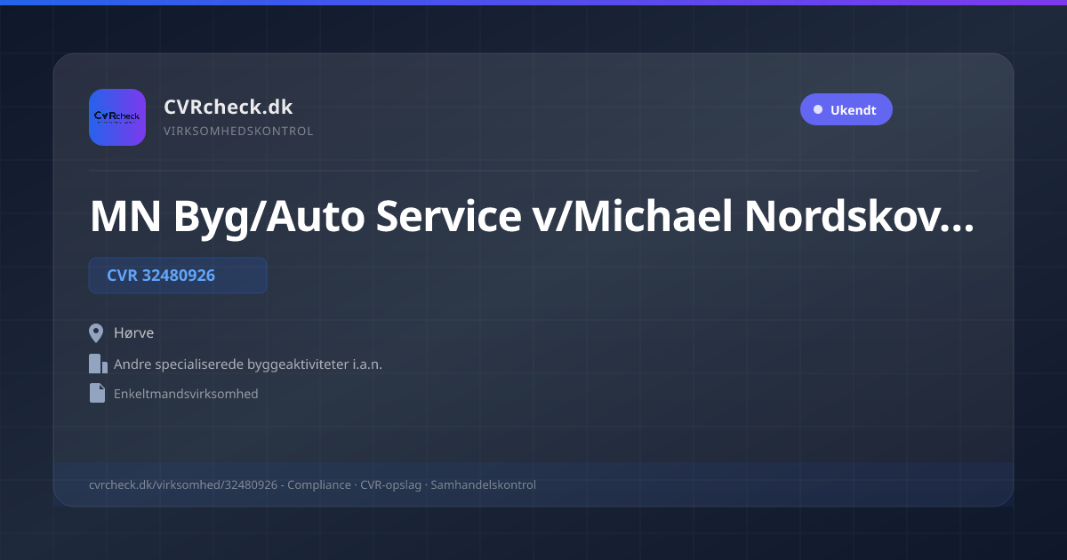 Visitkort: MN Byg/Auto Service v/Michael Nordskov Nielsen, CVR 32480926, Andre specialiserede byggeaktiviteter i.a.n., Hørve