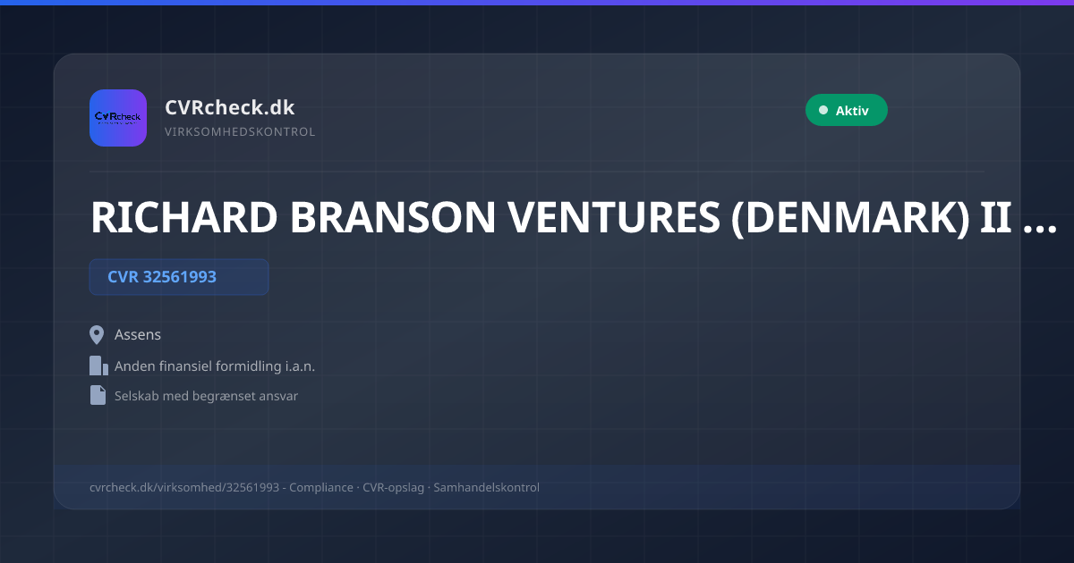 Visitkort: RICHARD BRANSON VENTURES (DENMARK) II S.M.B.A., CVR 32561993, Anden finansiel formidling i.a.n., Assens, NORMAL