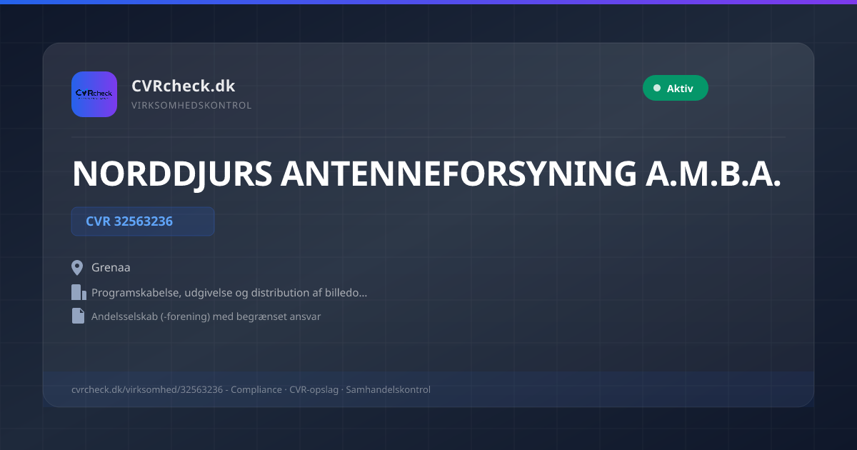 Visitkort: NORDDJURS ANTENNEFORSYNING A.M.B.A., CVR 32563236, Programskabelse, udgivelse og distribution af billedoptagelser, Grenaa, NORMAL