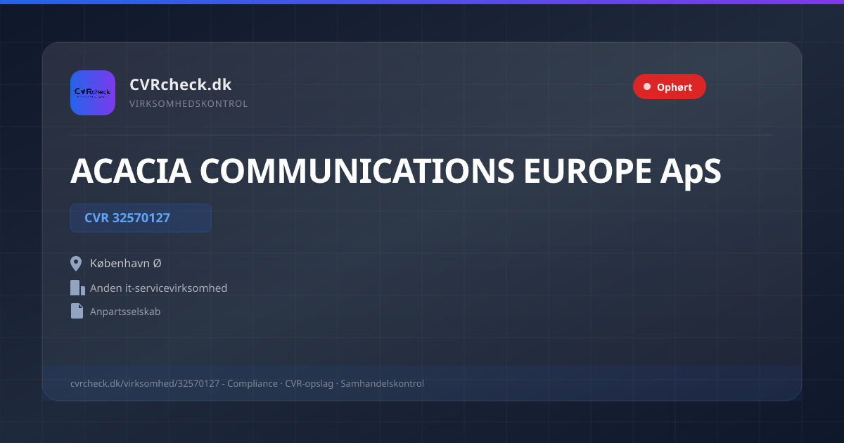 Visitkort: ACACIA COMMUNICATIONS EUROPE ApS, CVR 32570127, Anden it-servicevirksomhed, København Ø, OPLØST EFTER FUSION