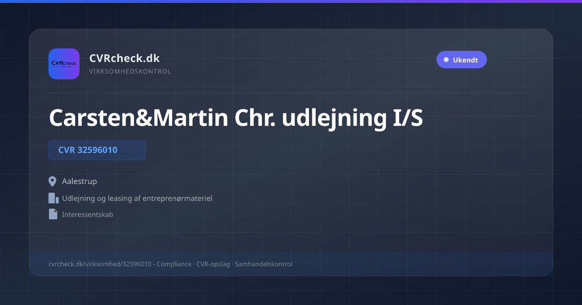Visitkort: Carsten&Martin Chr. udlejning I/S, CVR 32596010, Udlejning og leasing af entreprenørmateriel, Aalestrup