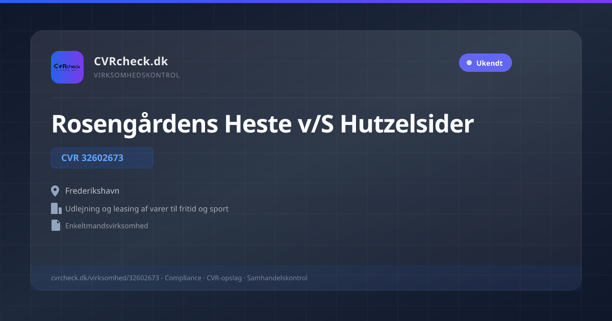 Visitkort: Rosengårdens Heste v/S Hutzelsider, CVR 32602673, Udlejning og leasing af varer til fritid og sport, Frederikshavn