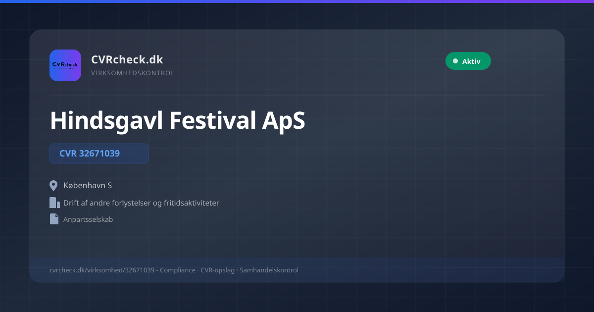 Visitkort: Hindsgavl Festival ApS, CVR 32671039, Drift af andre forlystelser og fritidsaktiviteter, København S, NORMAL
