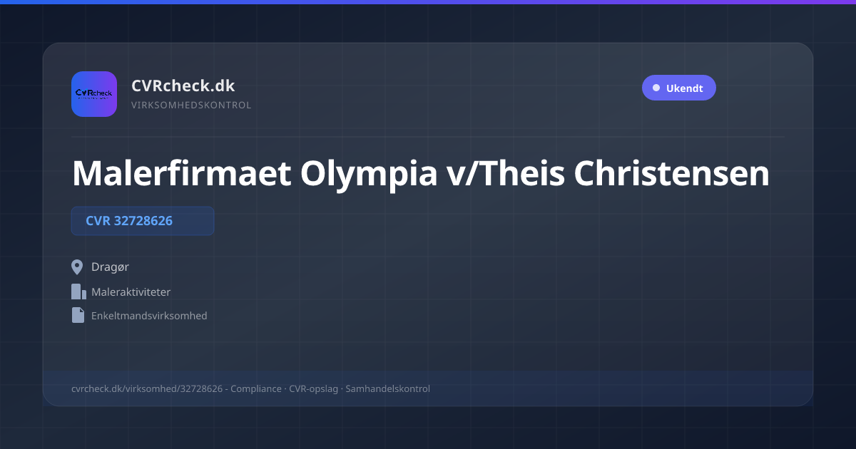 Visitkort: Malerfirmaet Olympia v/Theis Christensen, CVR 32728626, Maleraktiviteter, Dragør