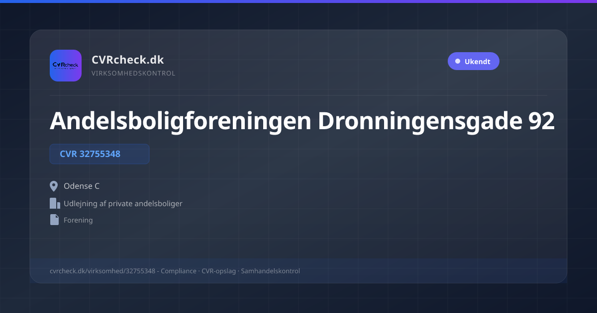 Visitkort: Andelsboligforeningen Dronningensgade 92, CVR 32755348, Udlejning af private andelsboliger, Odense C