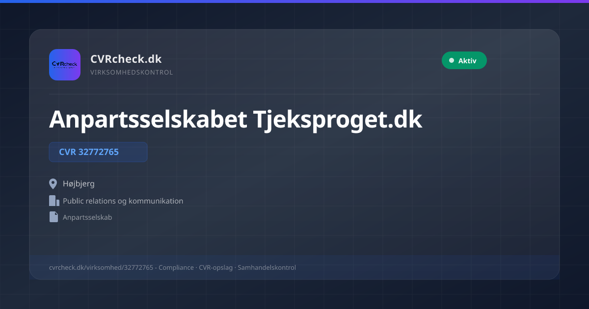 Visitkort: Anpartsselskabet Tjeksproget.dk, CVR 32772765, Public relations og kommunikation, Højbjerg, NORMAL