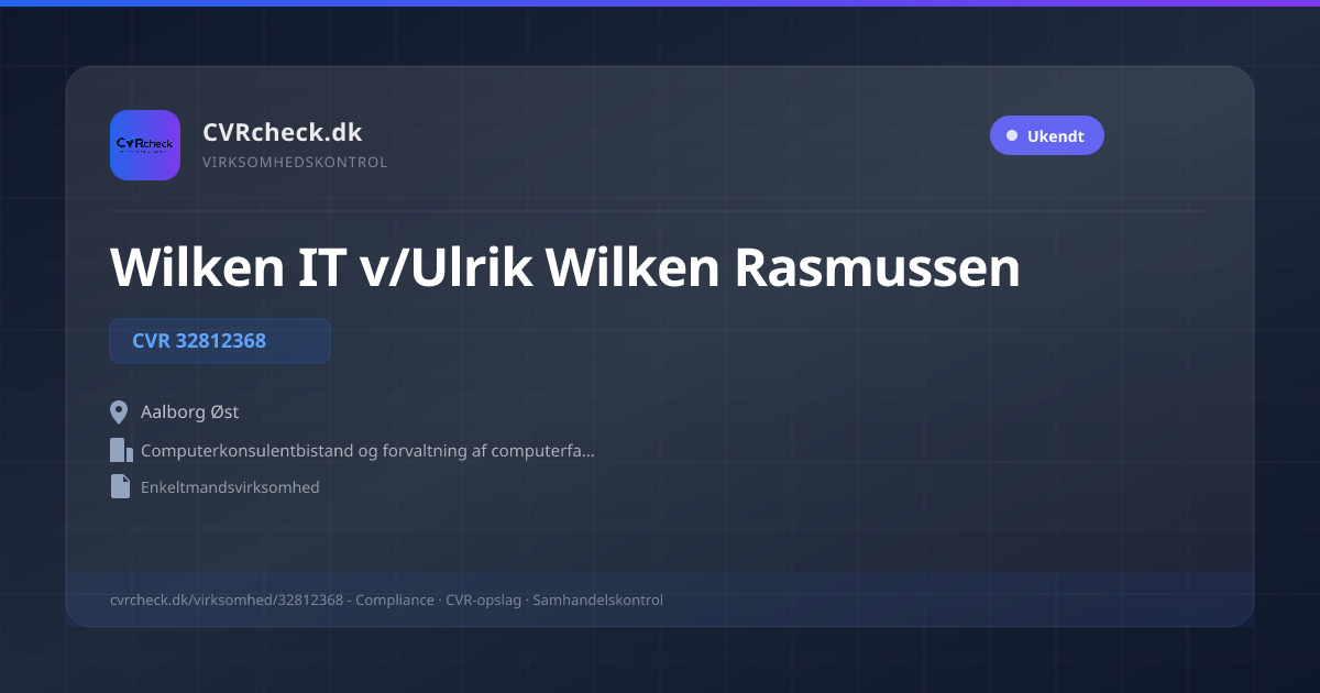 Visitkort: Wilken IT v/Ulrik Wilken Rasmussen, CVR 32812368, Computerkonsulentbistand og forvaltning af computerfaciliteter, Aalborg Øst