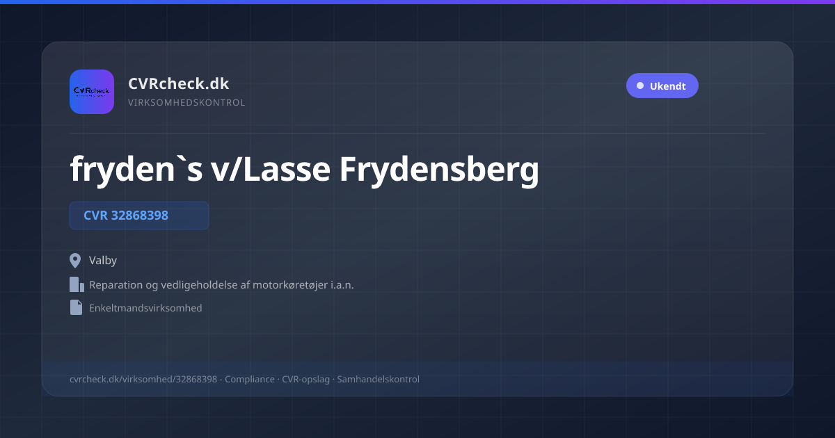 Visitkort: fryden`s v/Lasse Frydensberg, CVR 32868398, Reparation og vedligeholdelse af motorkøretøjer i.a.n., Valby