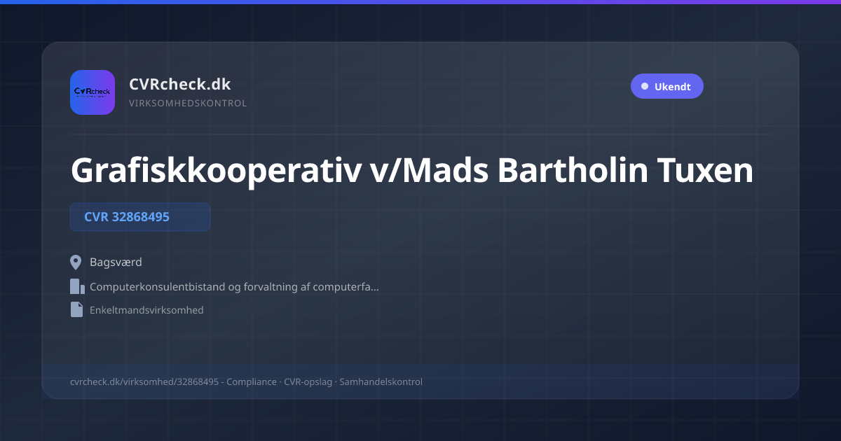 Visitkort: Grafiskkooperativ v/Mads Bartholin Tuxen, CVR 32868495, Computerkonsulentbistand og forvaltning af computerfaciliteter, Bagsværd