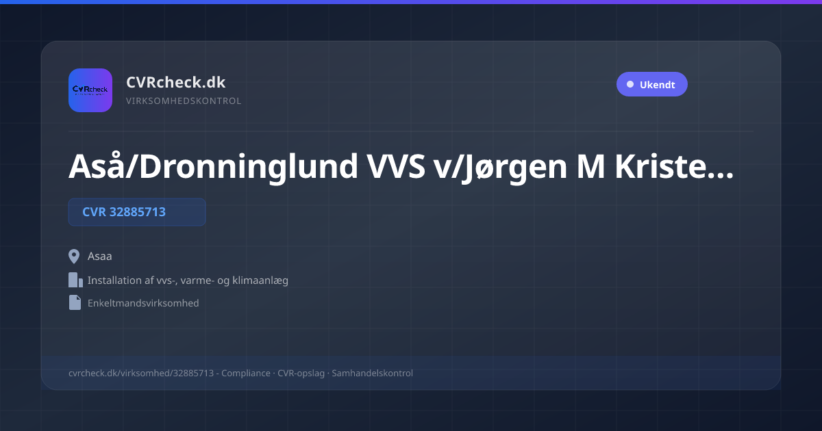 Visitkort: Aså/Dronninglund VVS v/Jørgen M Kristensen, CVR 32885713, Installation af vvs-, varme- og klimaanlæg, Asaa