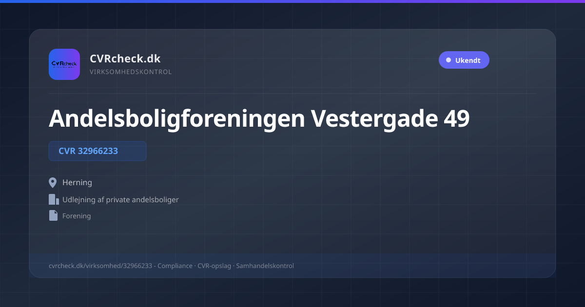 Visitkort: Andelsboligforeningen Vestergade 49, CVR 32966233, Udlejning af private andelsboliger, Herning