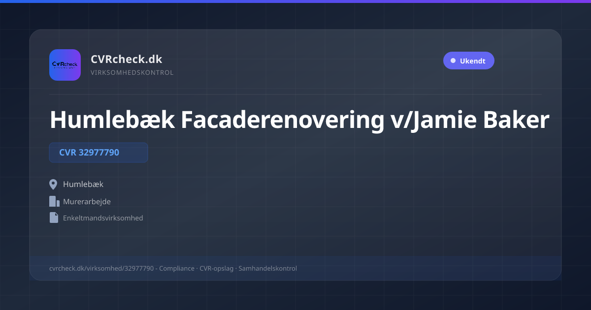 Visitkort: Humlebæk Facaderenovering v/Jamie Baker, CVR 32977790, Murerarbejde, Humlebæk