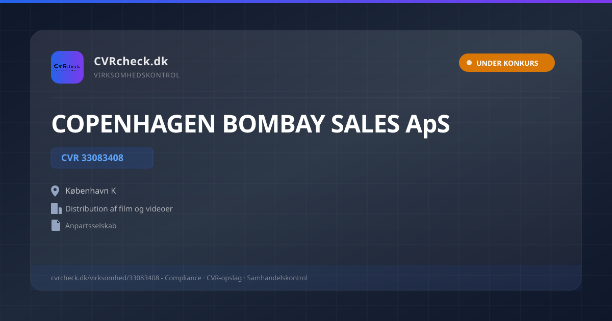 Visitkort: COPENHAGEN BOMBAY SALES ApS, CVR 33083408, Distribution af film og videoer, København K, UNDER KONKURS
