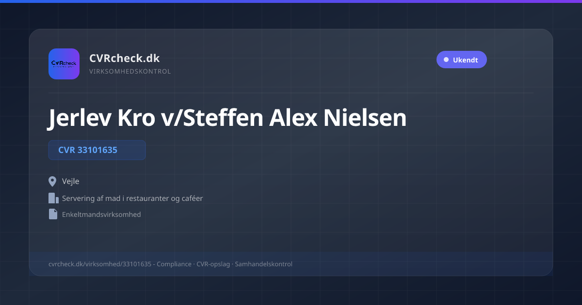 Visitkort: Jerlev Kro v/Steffen Alex Nielsen, CVR 33101635, Servering af mad i restauranter og caféer, Vejle