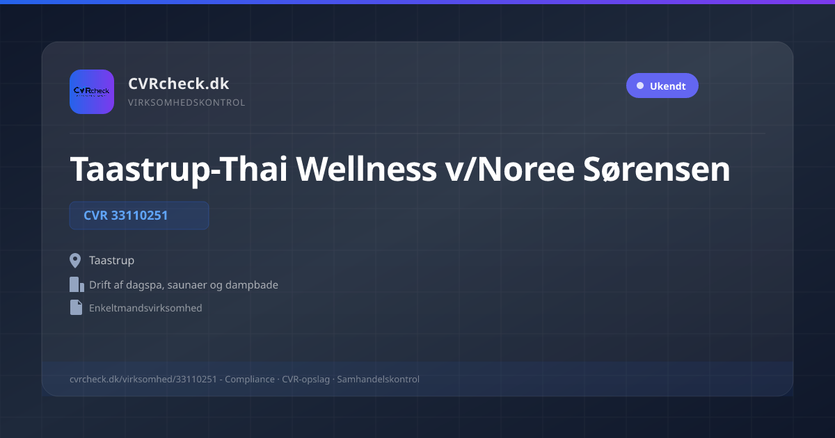 Visitkort: Taastrup-Thai Wellness v/Noree Sørensen, CVR 33110251, Drift af dagspa, saunaer og dampbade, Taastrup