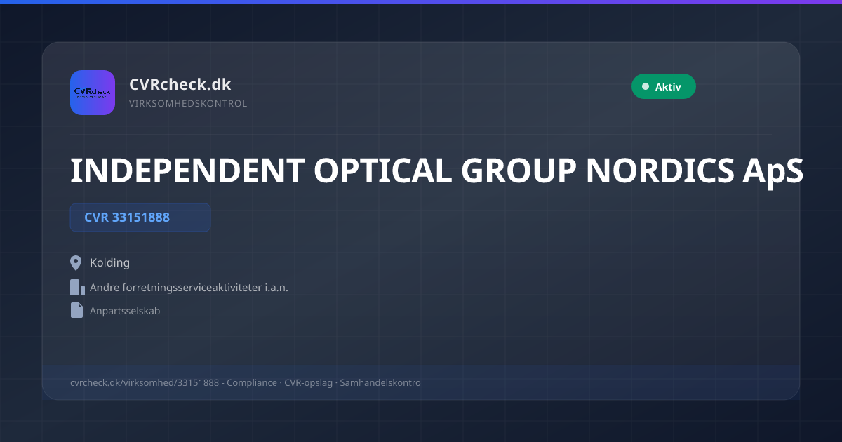 Visitkort: INDEPENDENT OPTICAL GROUP NORDICS ApS, CVR 33151888, Andre forretningsserviceaktiviteter i.a.n., Kolding, NORMAL