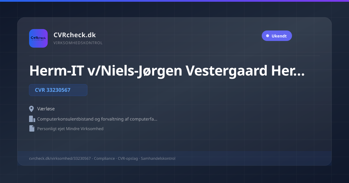 Visitkort: Herm-IT v/Niels-Jørgen Vestergaard Hermann, CVR 33230567, Computerkonsulentbistand og forvaltning af computerfaciliteter, Værløse