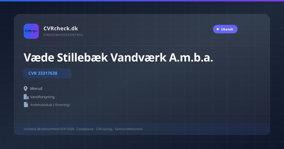 Visitkort: Væde Stillebæk Vandværk A.m.b.a., CVR 33317638, Vandforsyning, Morud