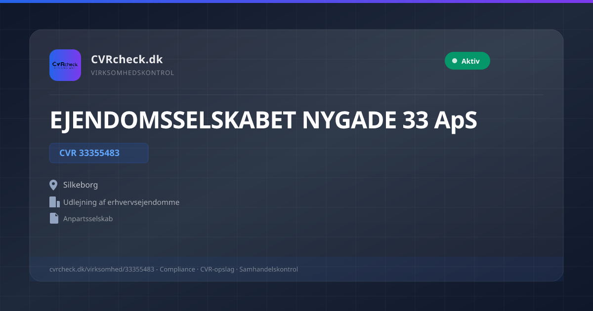 Visitkort: EJENDOMSSELSKABET NYGADE 33 ApS, CVR 33355483, Udlejning af erhvervsejendomme, Silkeborg, NORMAL