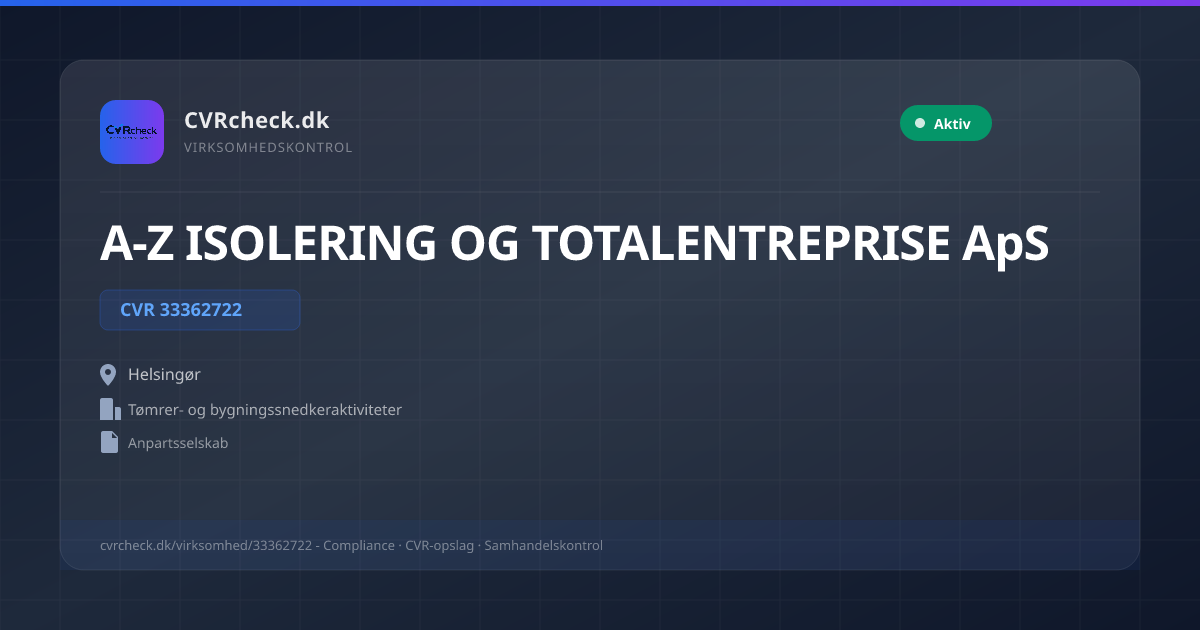 Visitkort: A-Z ISOLERING OG TOTALENTREPRISE ApS, CVR 33362722, Tømrer- og bygningssnedkeraktiviteter, Helsingør, NORMAL