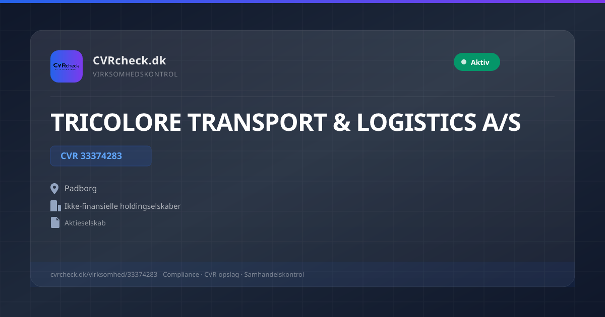 Visitkort: TRICOLORE TRANSPORT & LOGISTICS A/S, CVR 33374283, Ikke-finansielle holdingselskaber, Padborg, NORMAL