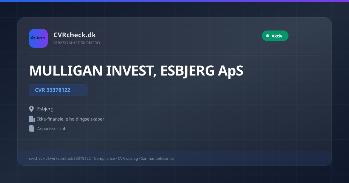 Visitkort: MULLIGAN INVEST, ESBJERG ApS, CVR 33378122, Ikke-finansielle holdingselskaber, Esbjerg, NORMAL