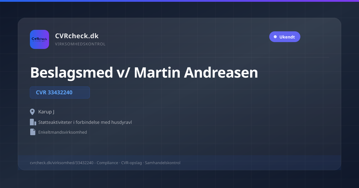 Visitkort: Beslagsmed v/ Martin Andreasen, CVR 33432240, Støtteaktiviteter i forbindelse med husdyravl, Karup J