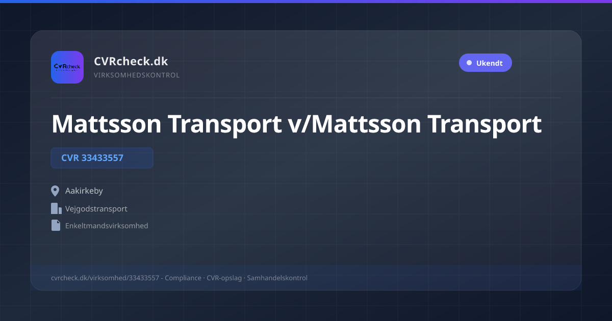 Visitkort: Mattsson Transport v/Mattsson Transport, CVR 33433557, Vejgodstransport, Aakirkeby