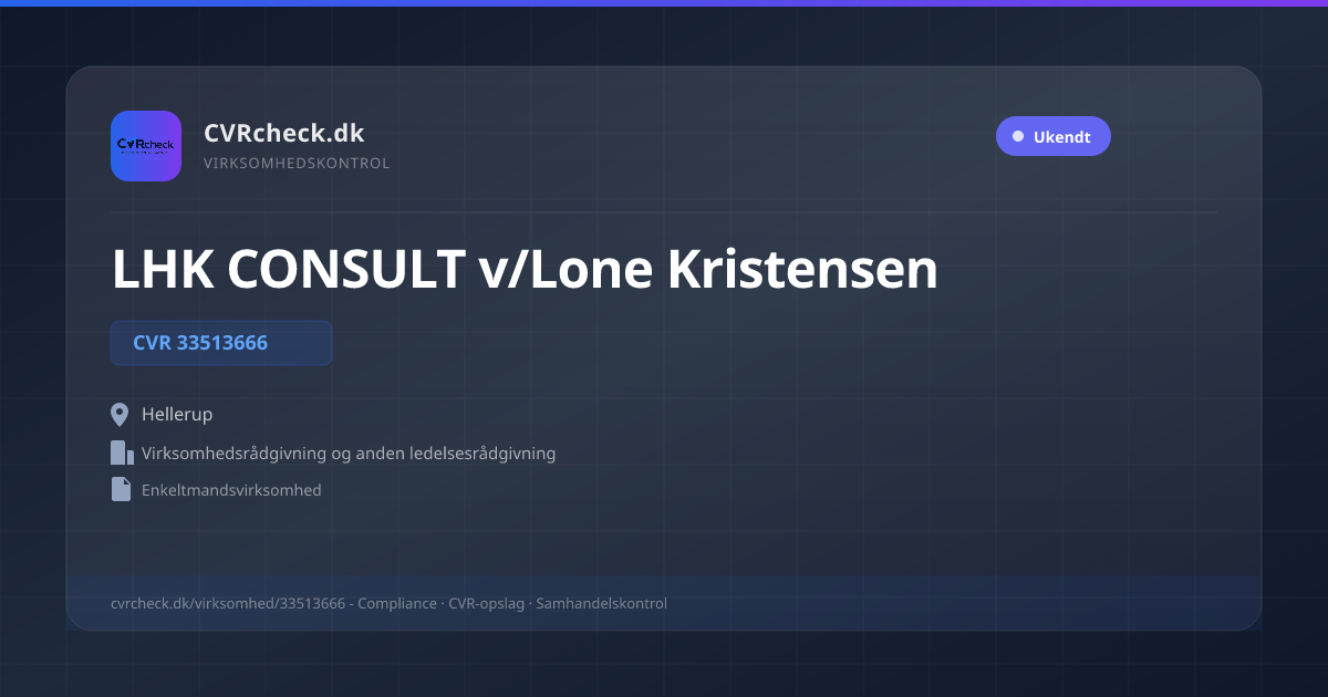 Visitkort: LHK CONSULT v/Lone Kristensen, CVR 33513666, Virksomhedsrådgivning og anden ledelsesrådgivning, Hellerup