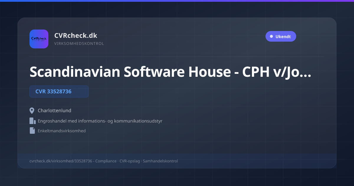 Visitkort: Scandinavian Software House - CPH v/John Hagen, CVR 33528736, Engroshandel med informations- og kommunikationsudstyr, Charlottenlund