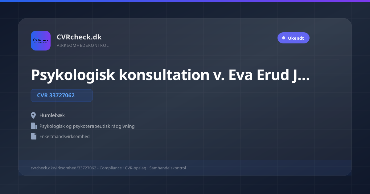 Visitkort: Psykologisk konsultation v. Eva Erud Jack, CVR 33727062, Psykologisk og psykoterapeutisk rådgivning, Humlebæk