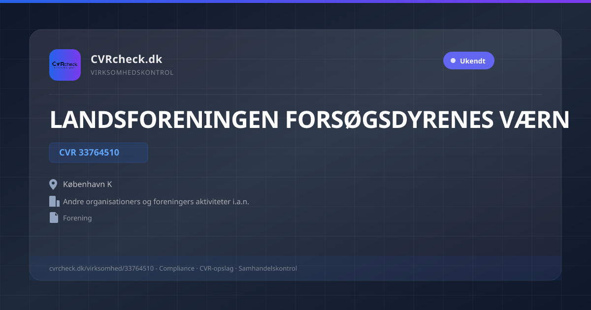 Visitkort: LANDSFORENINGEN FORSØGSDYRENES VÆRN, CVR 33764510, Andre organisationers og foreningers aktiviteter i.a.n., København K
