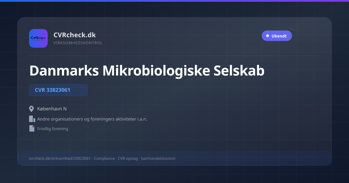 Visitkort: Danmarks Mikrobiologiske Selskab, CVR 33823061, Andre organisationers og foreningers aktiviteter i.a.n., København N