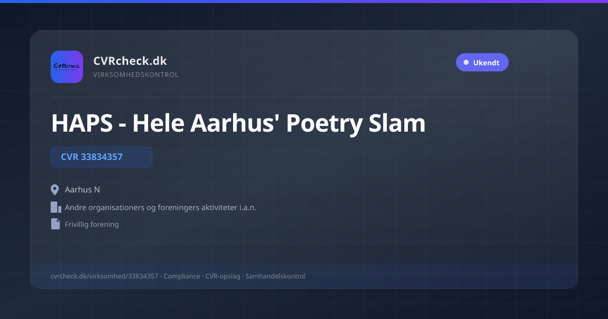 Visitkort: HAPS - Hele Aarhus' Poetry Slam, CVR 33834357, Andre organisationers og foreningers aktiviteter i.a.n., Aarhus N