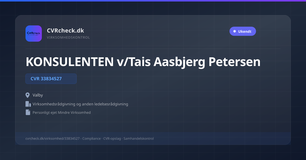 Visitkort: KONSULENTEN v/Tais Aasbjerg Petersen, CVR 33834527, Virksomhedsrådgivning og anden ledelsesrådgivning, Valby