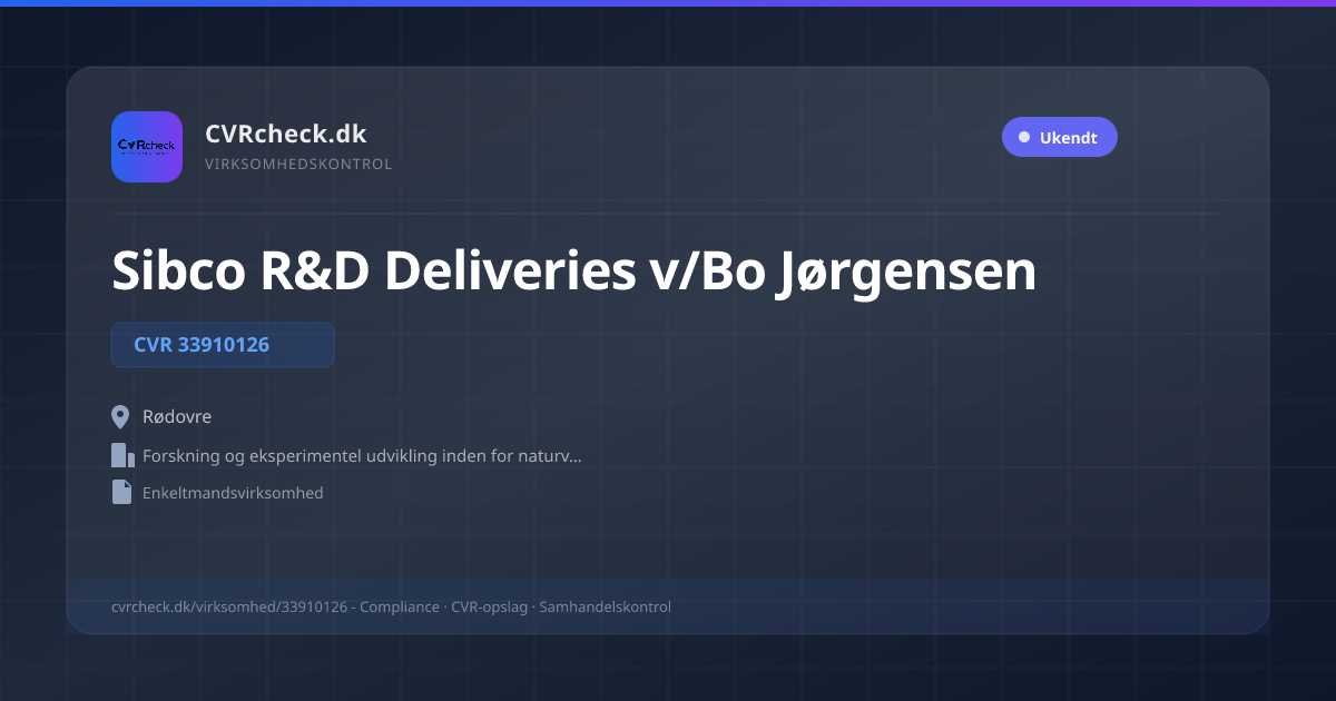 Visitkort: Sibco R&D Deliveries v/Bo Jørgensen, CVR 33910126, Forskning og eksperimentel udvikling inden for naturvidenskab og teknik, Rødovre