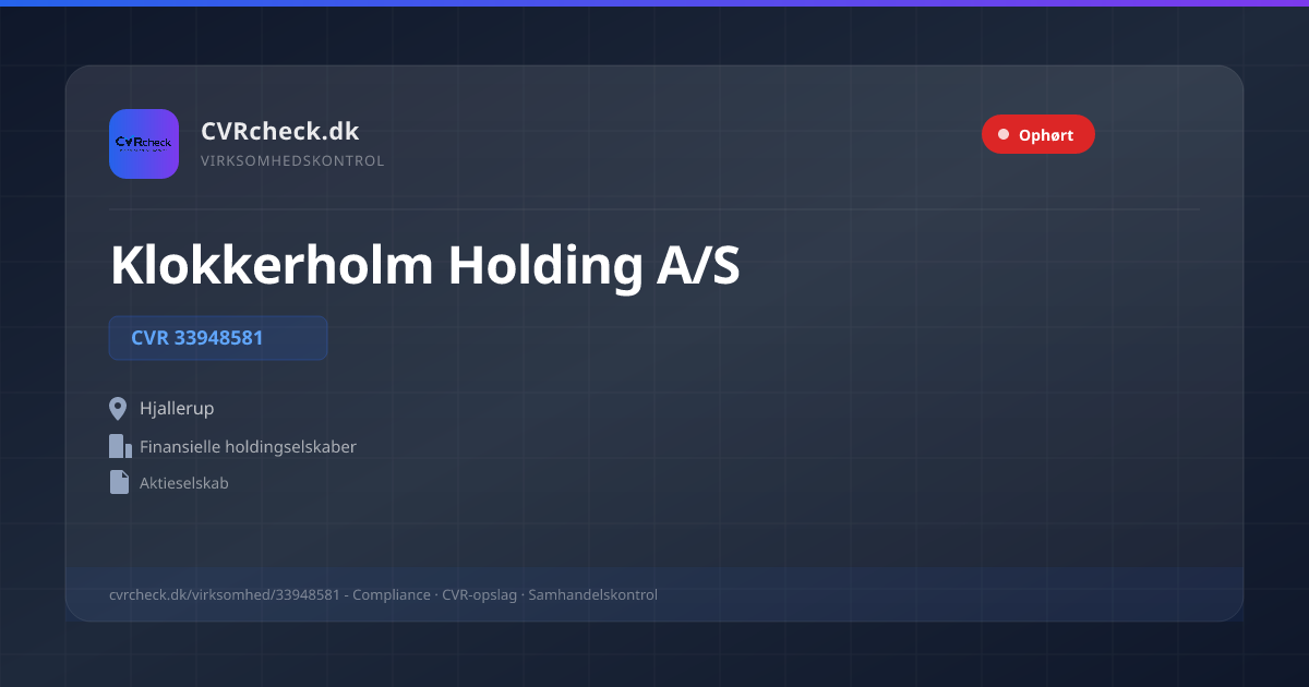 Visitkort: Klokkerholm Holding A/S, CVR 33948581, Finansielle holdingselskaber, Hjallerup, OPHØRT