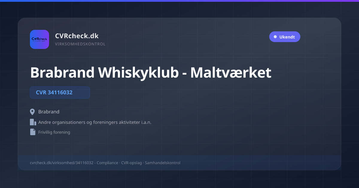 Visitkort: Brabrand Whiskyklub - Maltværket, CVR 34116032, Andre organisationers og foreningers aktiviteter i.a.n., Brabrand