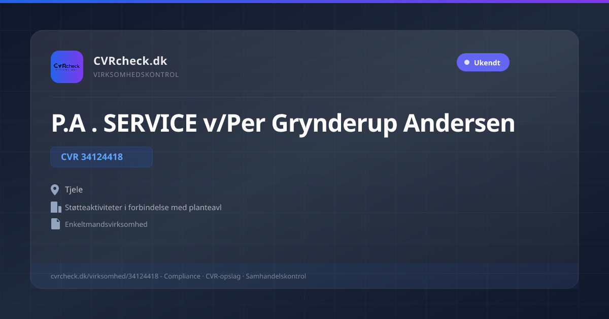 Visitkort: P.A . SERVICE v/Per Grynderup Andersen, CVR 34124418, Støtteaktiviteter i forbindelse med planteavl, Tjele
