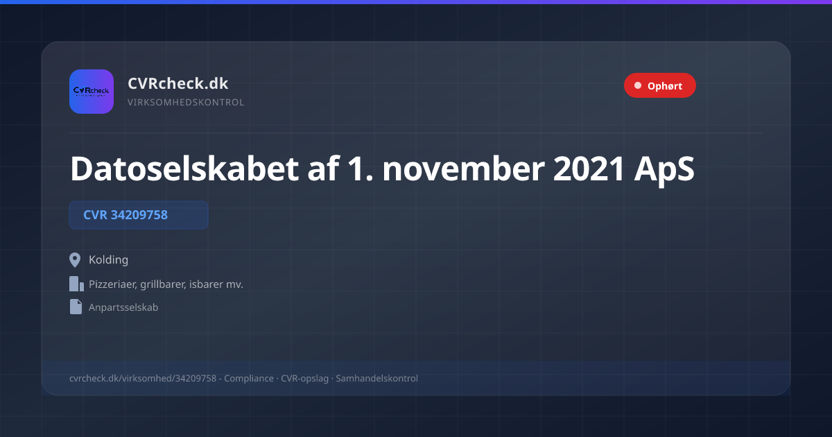 Visitkort: Datoselskabet af 1. november 2021 ApS, CVR 34209758, Pizzeriaer, grillbarer, isbarer mv., Kolding, OPLØST EFTER KONKURS