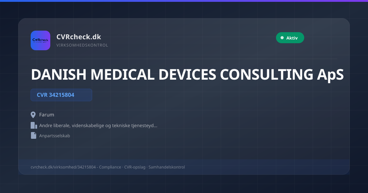 Visitkort: DANISH MEDICAL DEVICES CONSULTING ApS, CVR 34215804, Andre liberale, videnskabelige og tekniske tjenesteydelser i.a.n., Farum, NORMAL