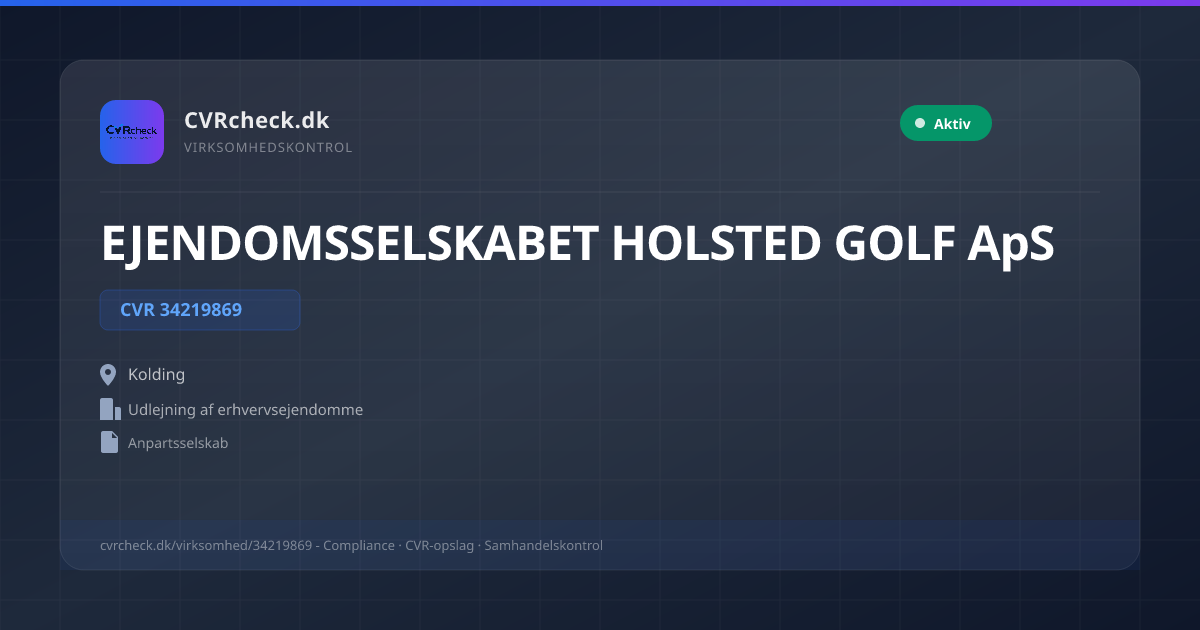 Visitkort: EJENDOMSSELSKABET HOLSTED GOLF ApS, CVR 34219869, Udlejning af erhvervsejendomme, Kolding, NORMAL