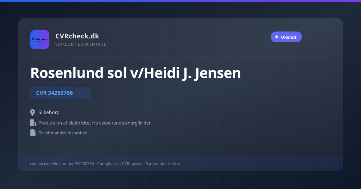 Visitkort: Rosenlund sol v/Heidi J. Jensen, CVR 34250766, Produktion af elektricitet fra vedvarende energikilder, Silkeborg
