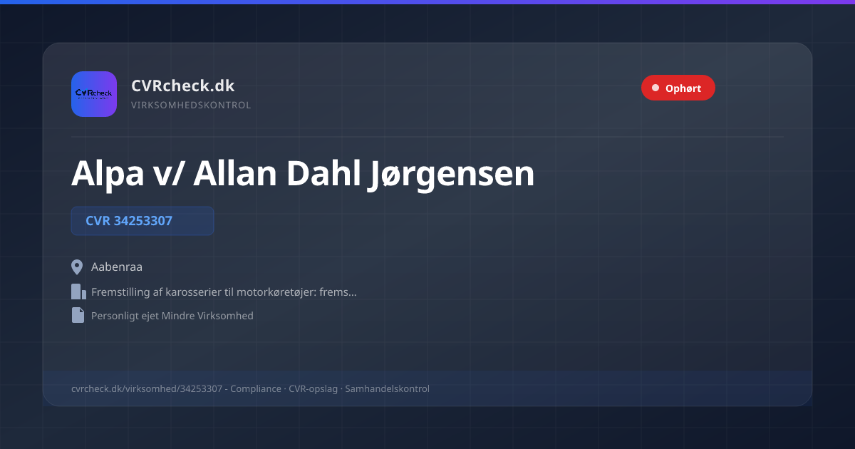 Visitkort: Alpa v/ Allan Dahl Jørgensen, CVR 34253307, Fremstilling af karosserier til motorkøretøjer: fremstilling af påhængsvogne og sættevogne, Aabenraa, OPHØRT